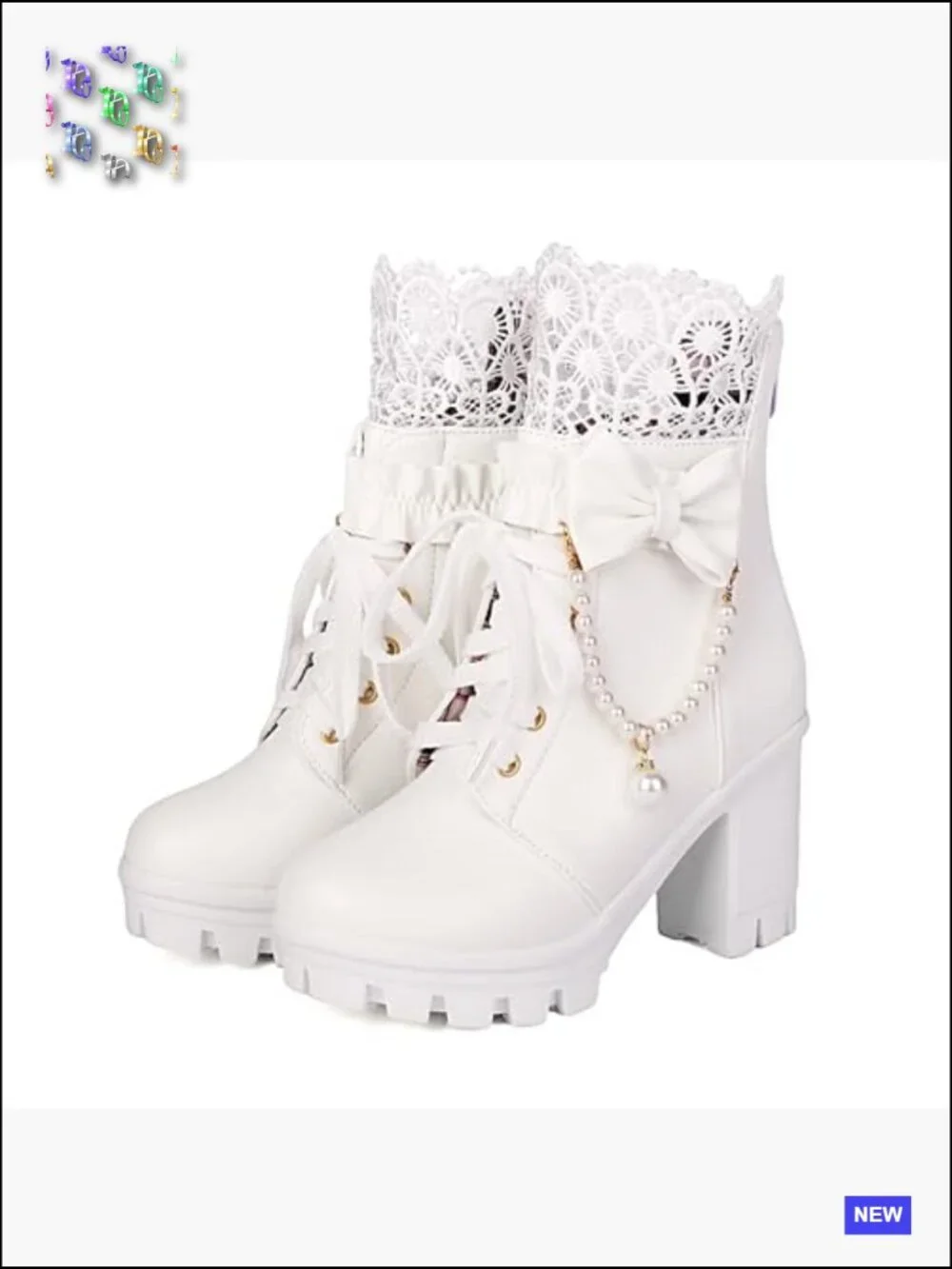 Platform Ankle Boots with Lace Pearl Chain Bow Chunky High Heel Goth Combat
